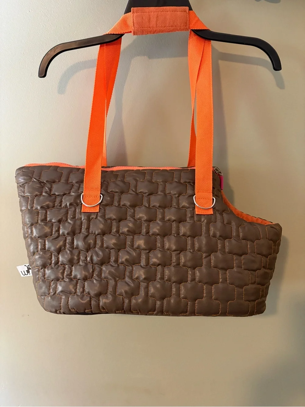 Vintage: Quilted Brown and Orange Dog Carrier Tote with Pink Logo